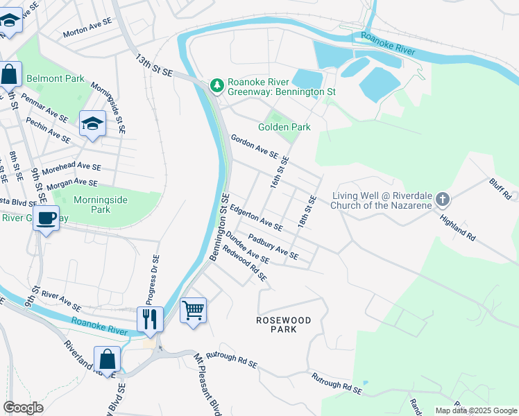 map of restaurants, bars, coffee shops, grocery stores, and more near 1747 16th Street Southeast in Roanoke