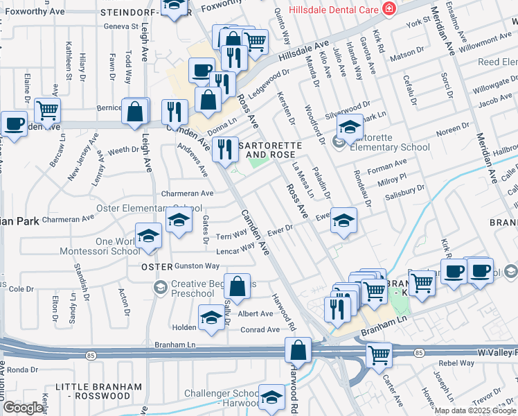map of restaurants, bars, coffee shops, grocery stores, and more near 4073 Jan Way in San Jose