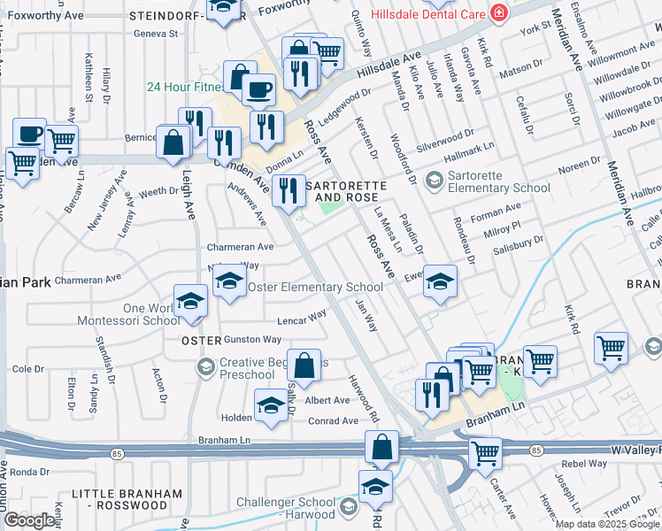 map of restaurants, bars, coffee shops, grocery stores, and more near 4073 Jan Way in San Jose