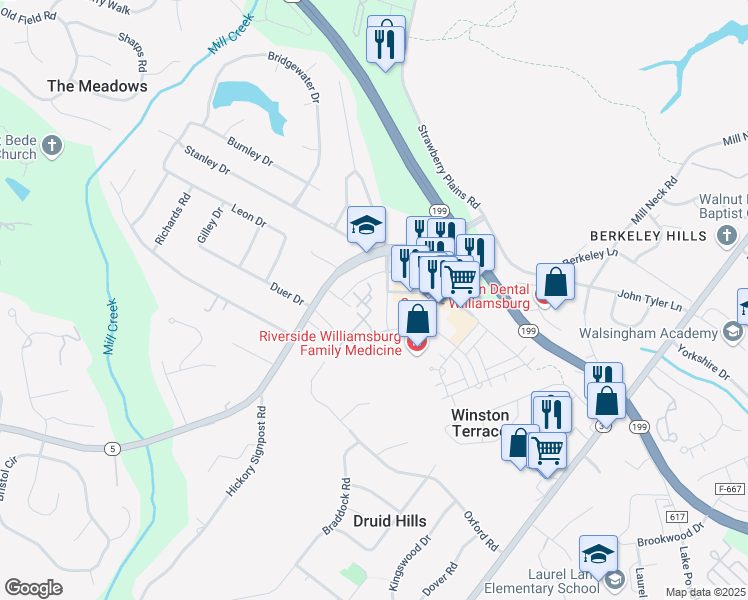 map of restaurants, bars, coffee shops, grocery stores, and more near 504 Queens Crossing in Williamsburg