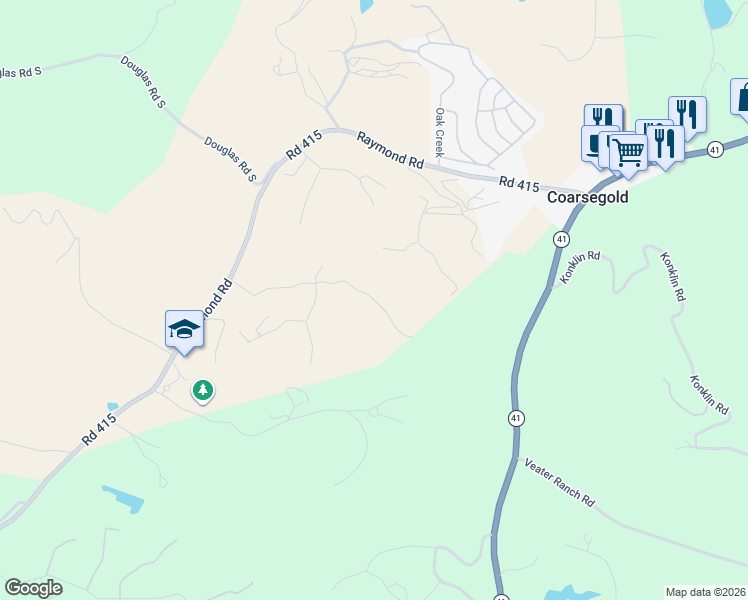 map of restaurants, bars, coffee shops, grocery stores, and more near Farmstead Road in Coarsegold