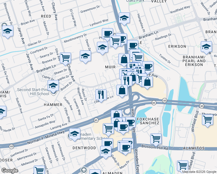 map of restaurants, bars, coffee shops, grocery stores, and more near 1175 Cherryview Lane in San Jose