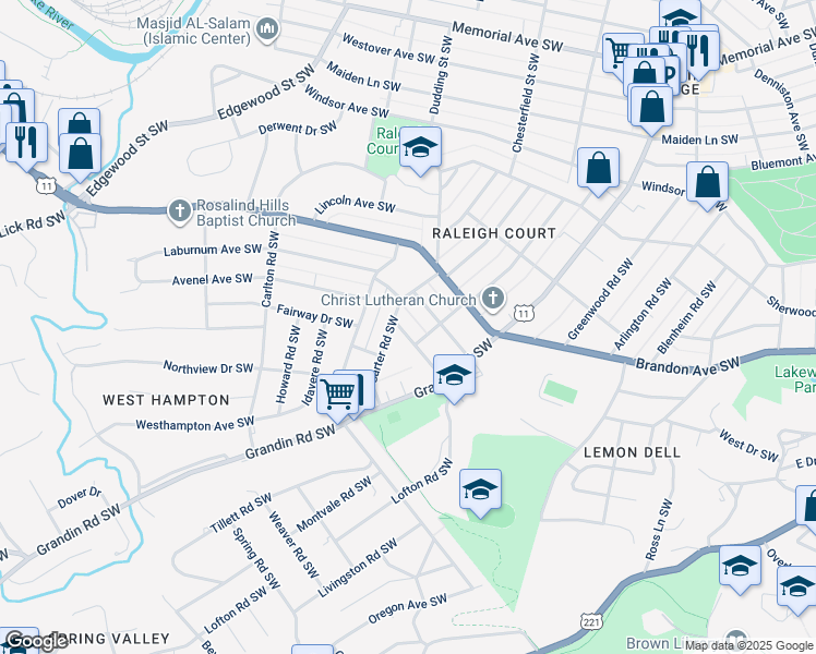 map of restaurants, bars, coffee shops, grocery stores, and more near 2115 Avenel Avenue Southwest in Roanoke