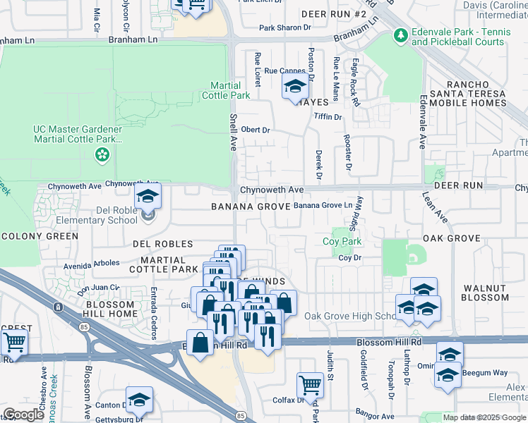 map of restaurants, bars, coffee shops, grocery stores, and more near 5305 Dexter Drive in San Jose