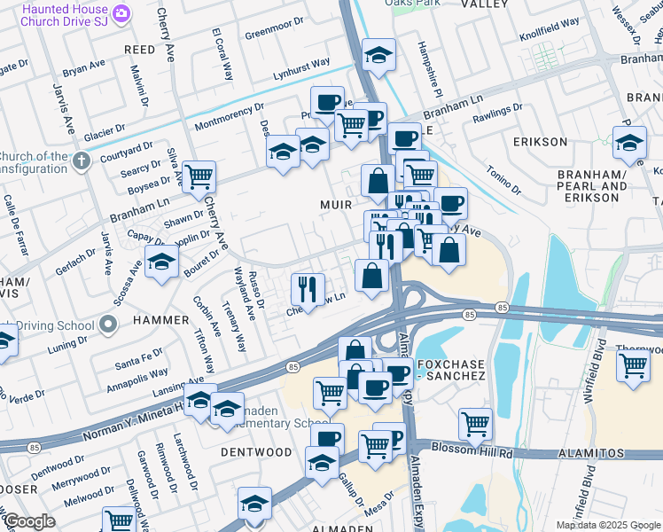 map of restaurants, bars, coffee shops, grocery stores, and more near 1175 Cherryview Lane in San Jose