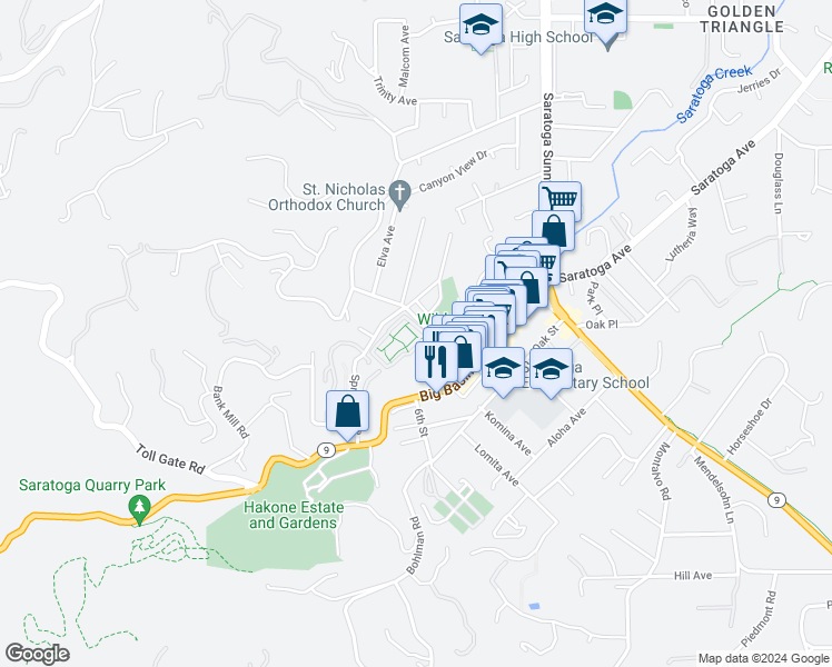 map of restaurants, bars, coffee shops, grocery stores, and more near 20812 4th Street in Saratoga