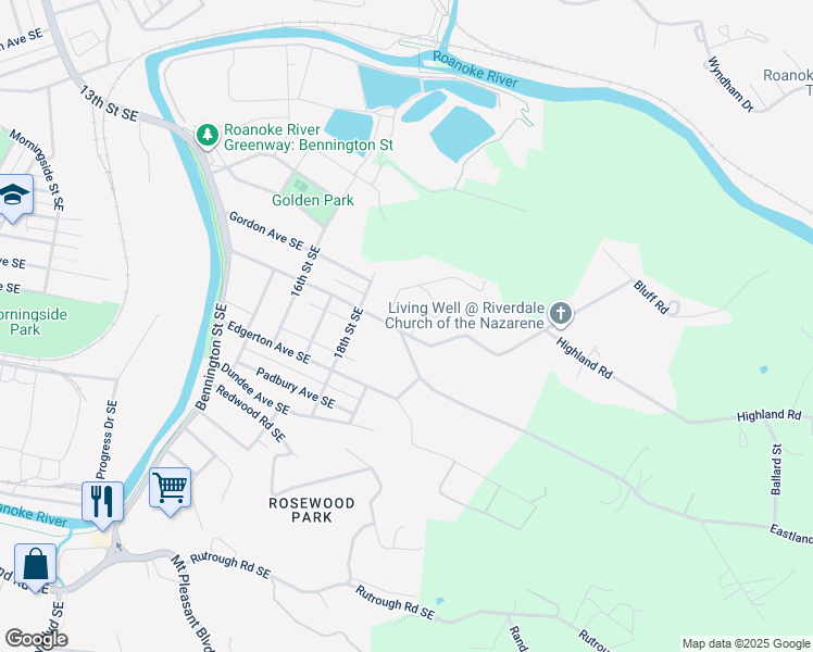 map of restaurants, bars, coffee shops, grocery stores, and more near 1920 Riverdale Road Southeast in Roanoke