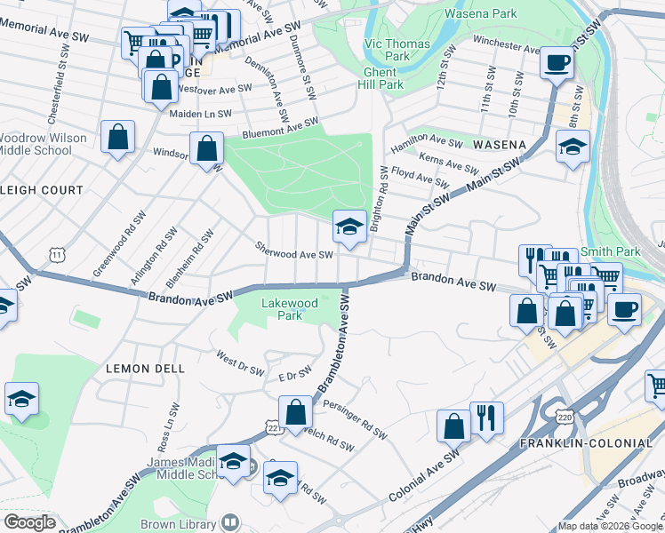 map of restaurants, bars, coffee shops, grocery stores, and more near 1241 Brandon Avenue Southwest in Roanoke