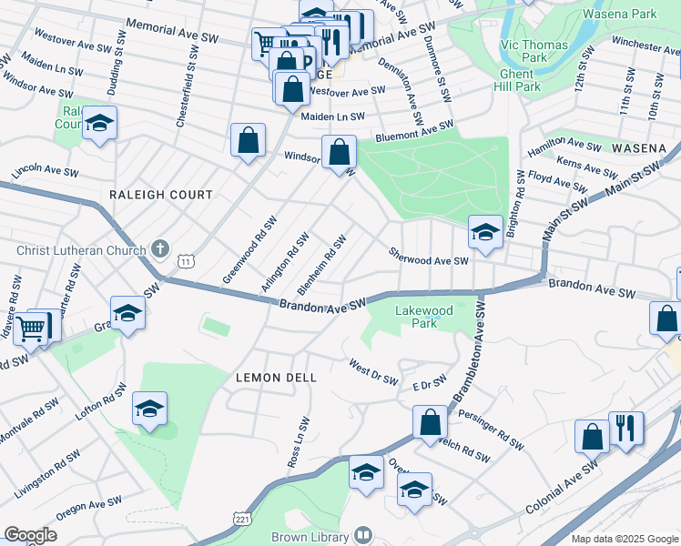 map of restaurants, bars, coffee shops, grocery stores, and more near 1608 Terrace Road Southwest in Roanoke