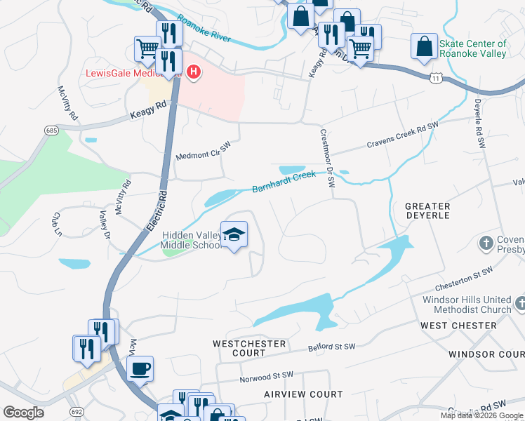 map of restaurants, bars, coffee shops, grocery stores, and more near 1533 Eton Road Southwest in Roanoke