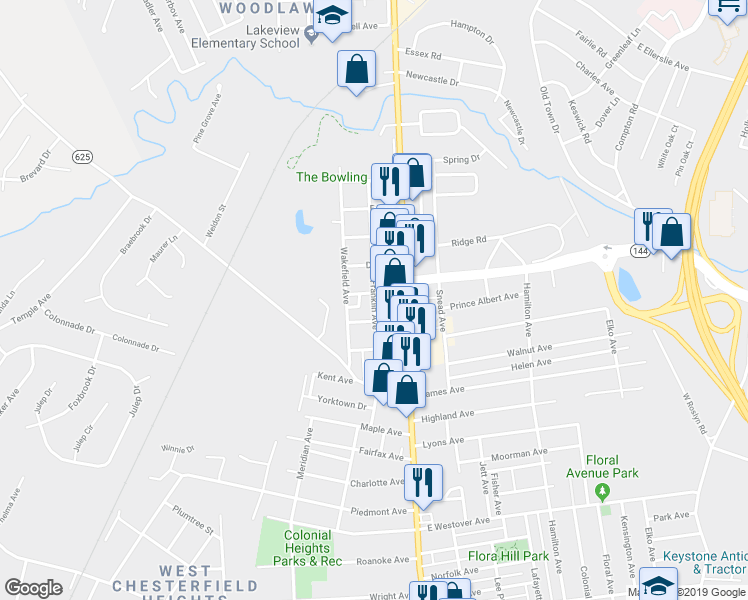 map of restaurants, bars, coffee shops, grocery stores, and more near 1999 Franklin Avenue in Colonial Heights