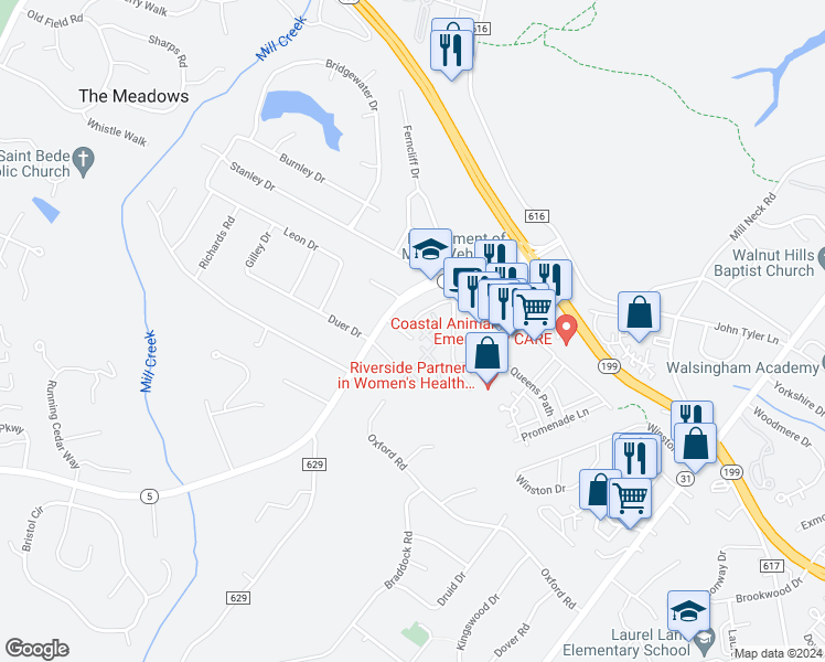 map of restaurants, bars, coffee shops, grocery stores, and more near 109 Queens Crossing in Williamsburg
