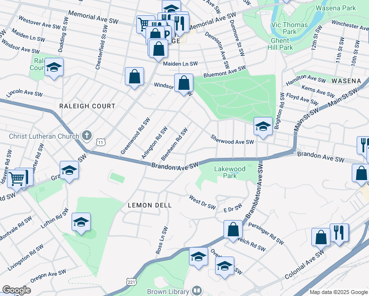 map of restaurants, bars, coffee shops, grocery stores, and more near 1608 Terrace Road Southwest in Roanoke