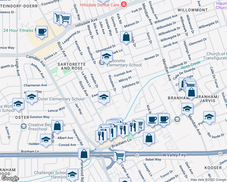 map of restaurants, bars, coffee shops, grocery stores, and more near 1704 Ewer Drive in San Jose