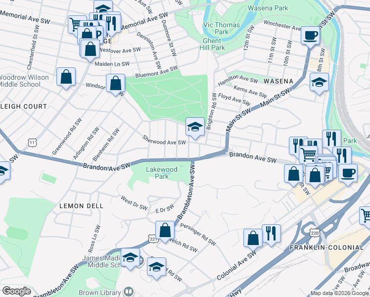 map of restaurants, bars, coffee shops, grocery stores, and more near 1241 Brandon Avenue Southwest in Roanoke