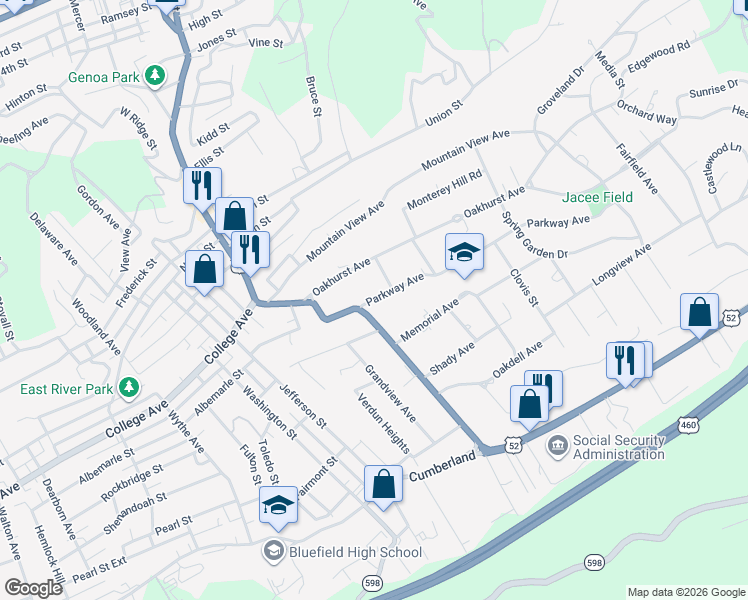 map of restaurants, bars, coffee shops, grocery stores, and more near 2415 Bland Rd in Bluefield
