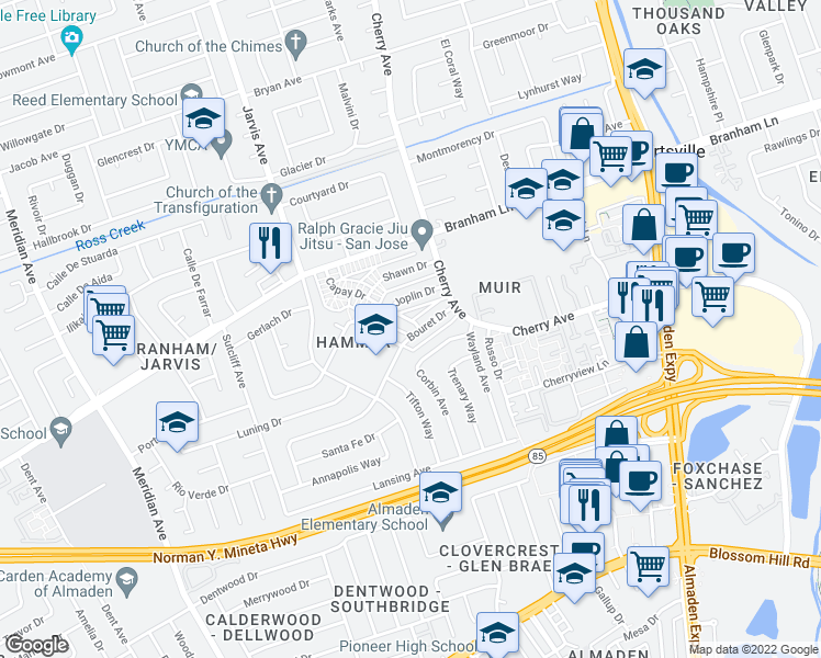 map of restaurants, bars, coffee shops, grocery stores, and more near 4843 Capay Drive in San Jose
