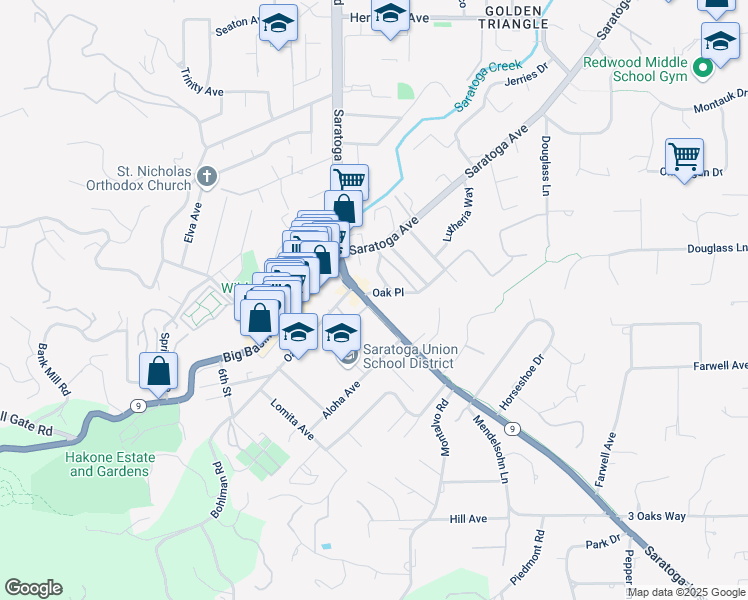 map of restaurants, bars, coffee shops, grocery stores, and more near 20400 Saratoga-Los Gatos Road in Saratoga