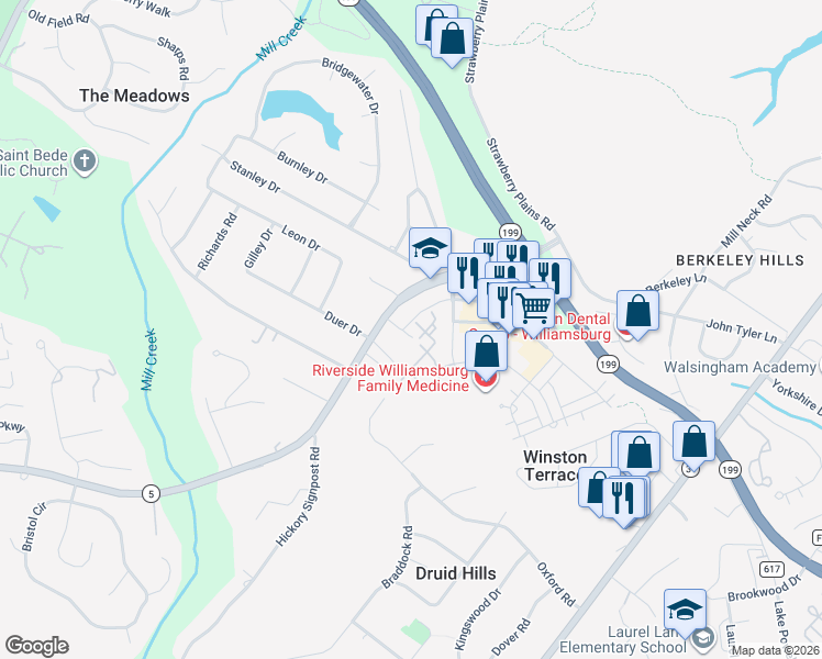 map of restaurants, bars, coffee shops, grocery stores, and more near 1504 Queens Crossing in Williamsburg