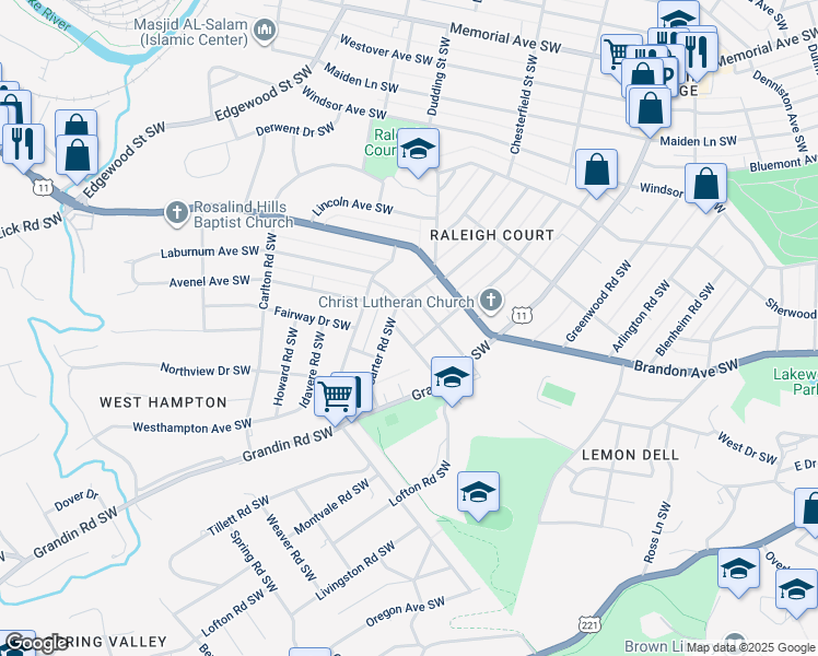 map of restaurants, bars, coffee shops, grocery stores, and more near 2115 Avenel Avenue Southwest in Roanoke