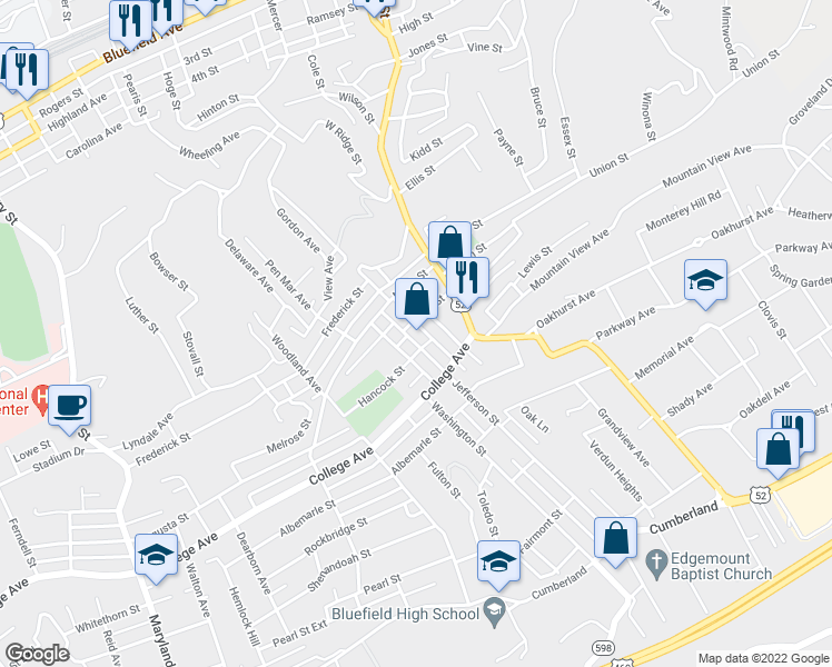 map of restaurants, bars, coffee shops, grocery stores, and more near 1703 Jefferson Street in Bluefield