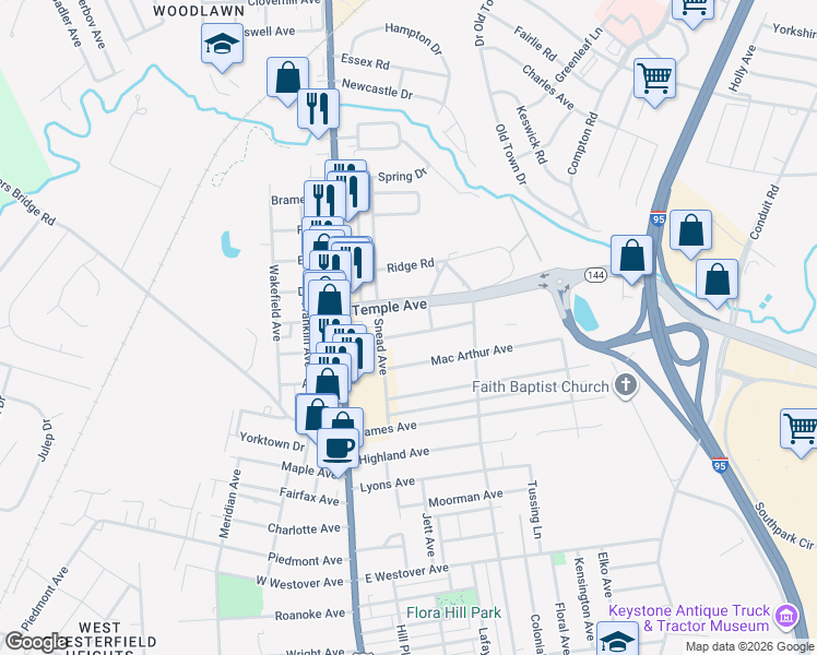 map of restaurants, bars, coffee shops, grocery stores, and more near 205 Temple Avenue in Colonial Heights