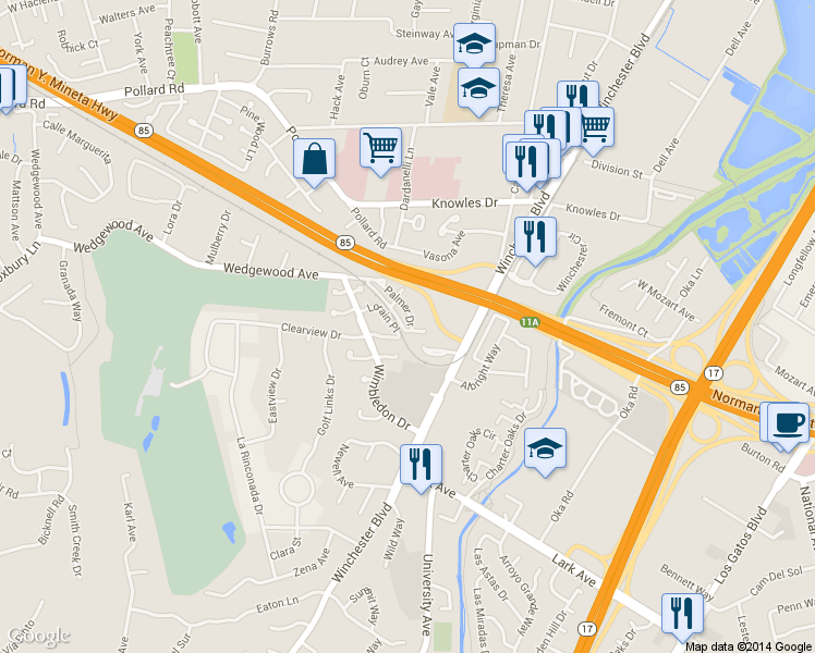 map of restaurants, bars, coffee shops, grocery stores, and more near 223 Palmer Drive in Los Gatos