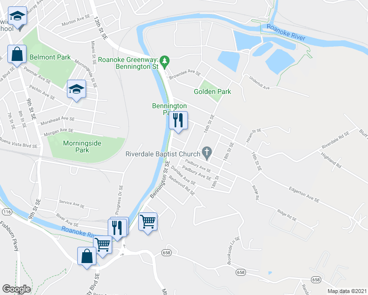 map of restaurants, bars, coffee shops, grocery stores, and more near Jerome Street Southeast in Roanoke