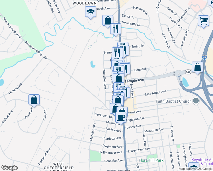 map of restaurants, bars, coffee shops, grocery stores, and more near 1931 Wakefield Avenue in Colonial Heights