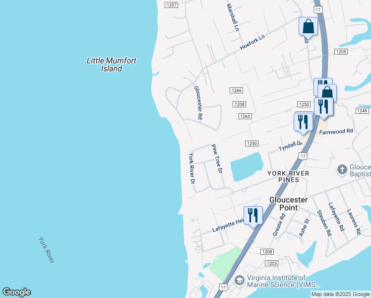 map of restaurants, bars, coffee shops, grocery stores, and more near 1682 Duke Road in Gloucester Point