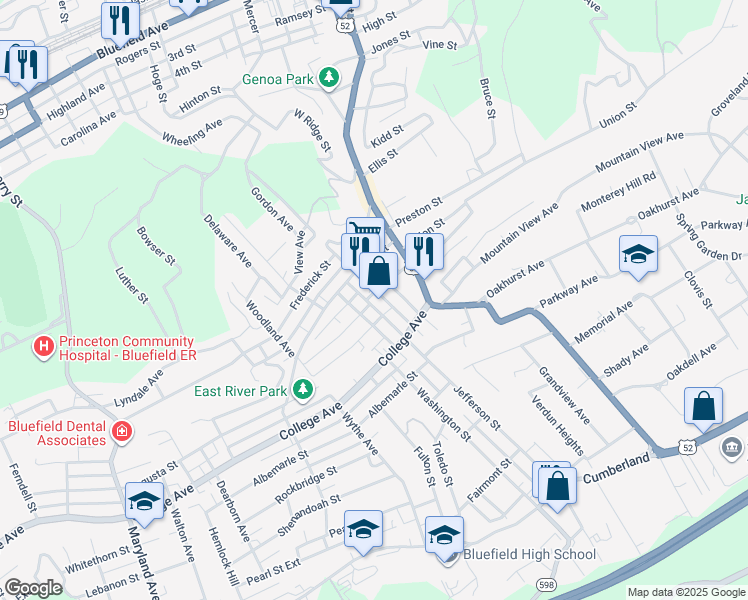 map of restaurants, bars, coffee shops, grocery stores, and more near 1701 South Street in Bluefield