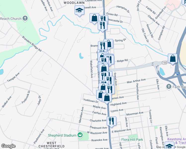 map of restaurants, bars, coffee shops, grocery stores, and more near 1931 Wakefield Avenue in Colonial Heights