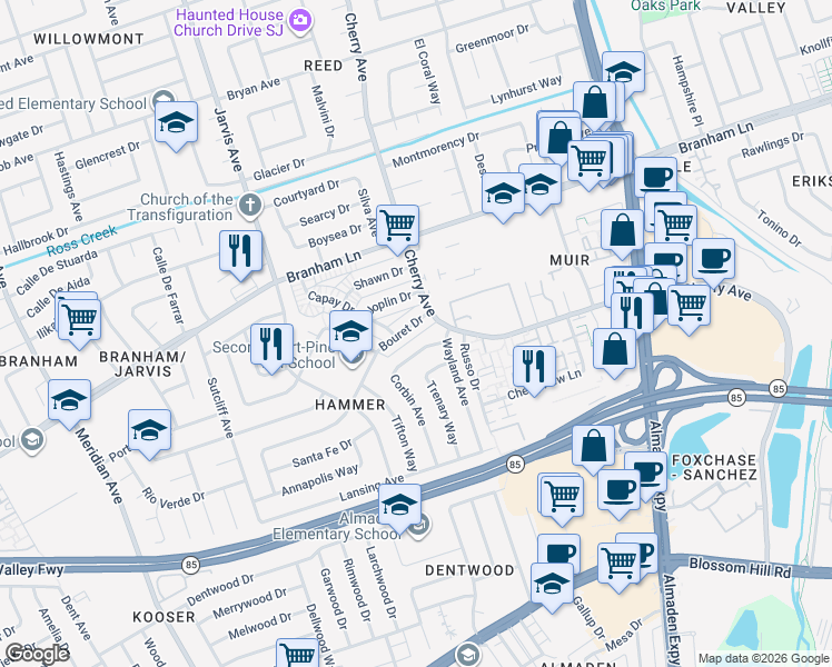 map of restaurants, bars, coffee shops, grocery stores, and more near 1322 Joplin Drive in San Jose