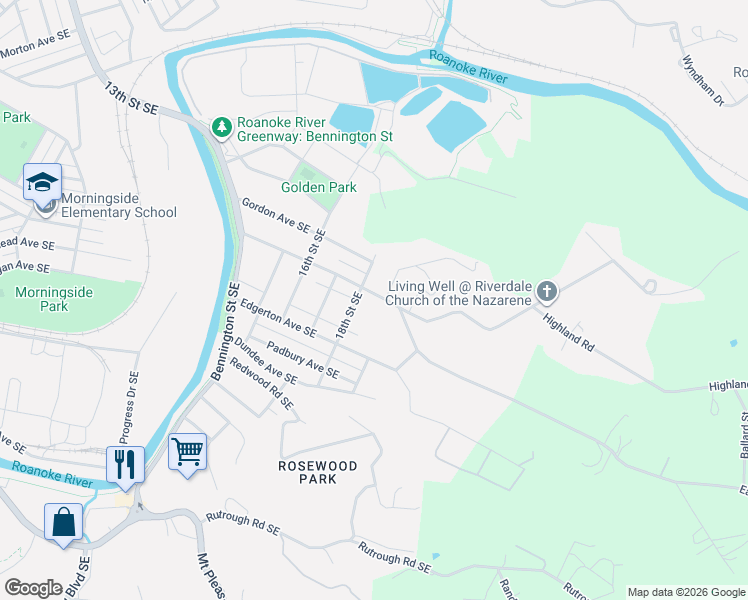 map of restaurants, bars, coffee shops, grocery stores, and more near 1718 Riverdale Road Southeast in Roanoke
