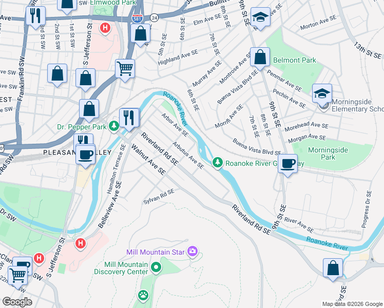 map of restaurants, bars, coffee shops, grocery stores, and more near Roanoke River Greenway in Roanoke