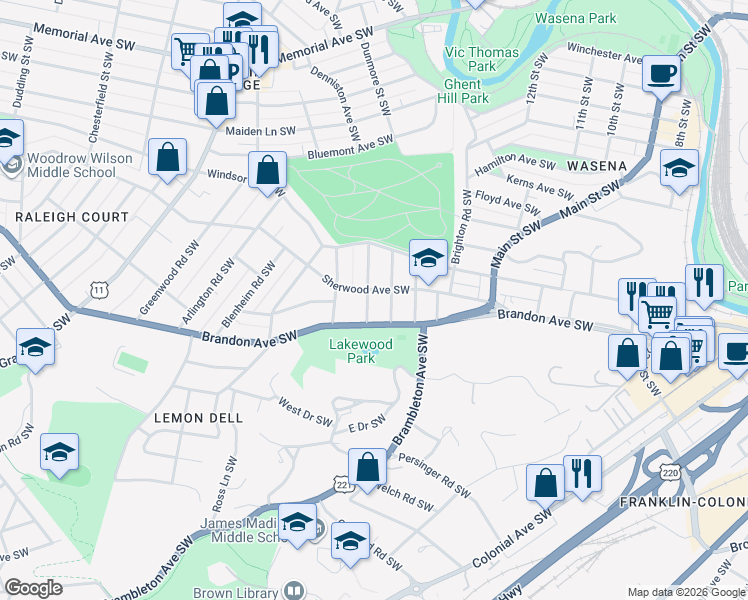 map of restaurants, bars, coffee shops, grocery stores, and more near 1836 Warrington Road Southwest in Roanoke