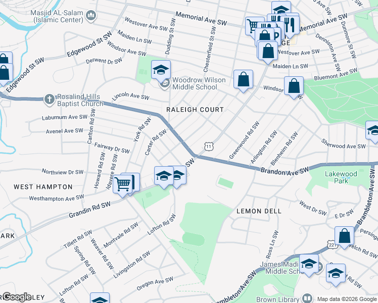 map of restaurants, bars, coffee shops, grocery stores, and more near 1956 Belleville Road Southwest in Roanoke