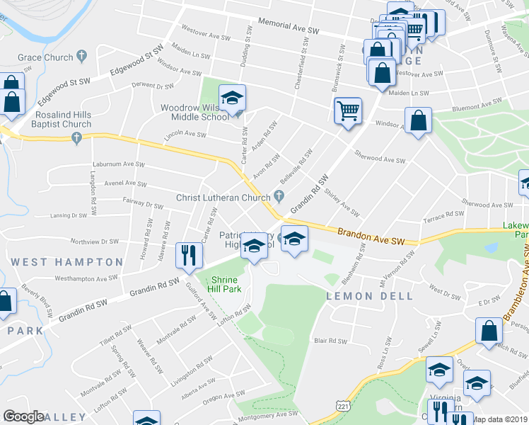 map of restaurants, bars, coffee shops, grocery stores, and more near 1956 Belleville Road Southwest in Roanoke