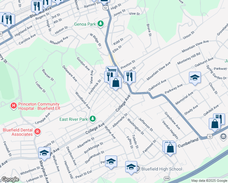 map of restaurants, bars, coffee shops, grocery stores, and more near 1701 South St in Bluefield
