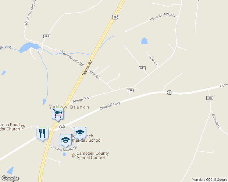 map of restaurants, bars, coffee shops, grocery stores, and more near 370 Anstey Road in Rustburg