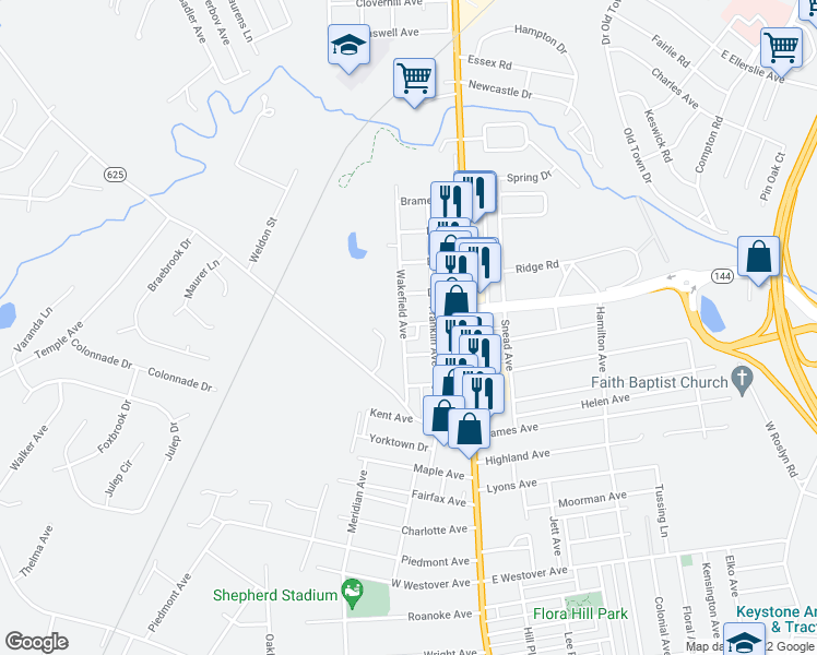 map of restaurants, bars, coffee shops, grocery stores, and more near 1945 Wakefield Avenue in Colonial Heights
