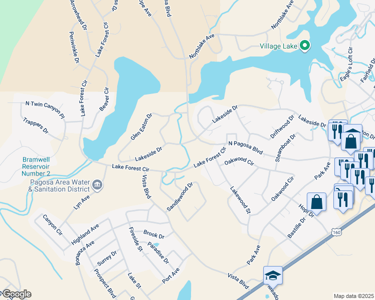 map of restaurants, bars, coffee shops, grocery stores, and more near 757 Lakeside Dr in Pagosa Springs