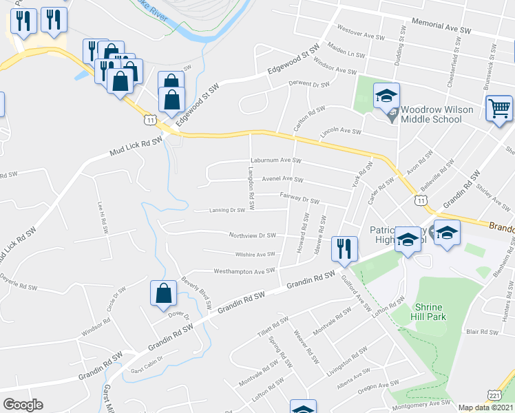 map of restaurants, bars, coffee shops, grocery stores, and more near 2643 Lansing Drive Southwest in Roanoke