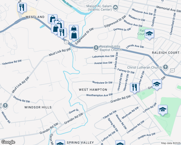 map of restaurants, bars, coffee shops, grocery stores, and more near 2747 Lansing Drive Southwest in Roanoke