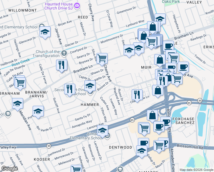 map of restaurants, bars, coffee shops, grocery stores, and more near 1322 Joplin Drive in San Jose
