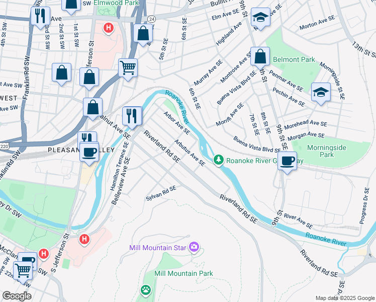 map of restaurants, bars, coffee shops, grocery stores, and more near 598 Arbutus Avenue Southeast in Roanoke