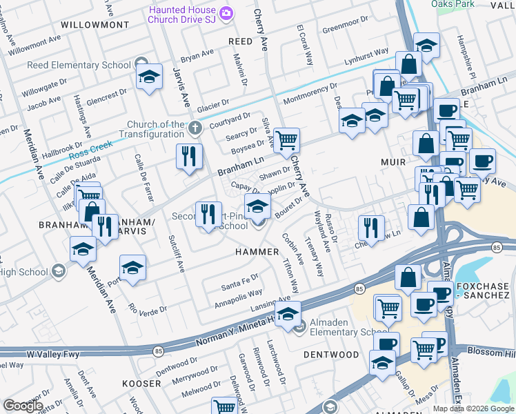 map of restaurants, bars, coffee shops, grocery stores, and more near 1323 Scossa Avenue in San Jose