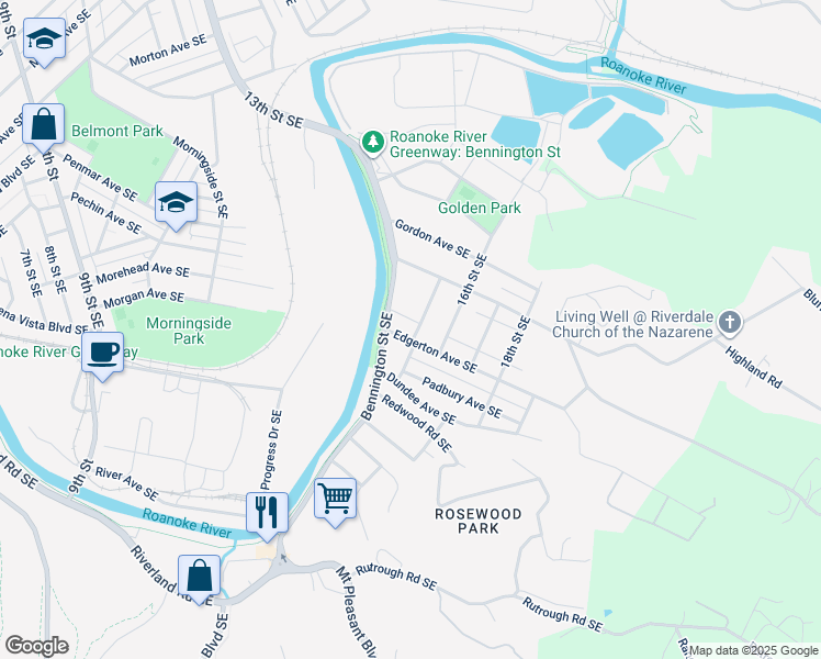 map of restaurants, bars, coffee shops, grocery stores, and more near 1518 Edgerton Avenue Southeast in Roanoke