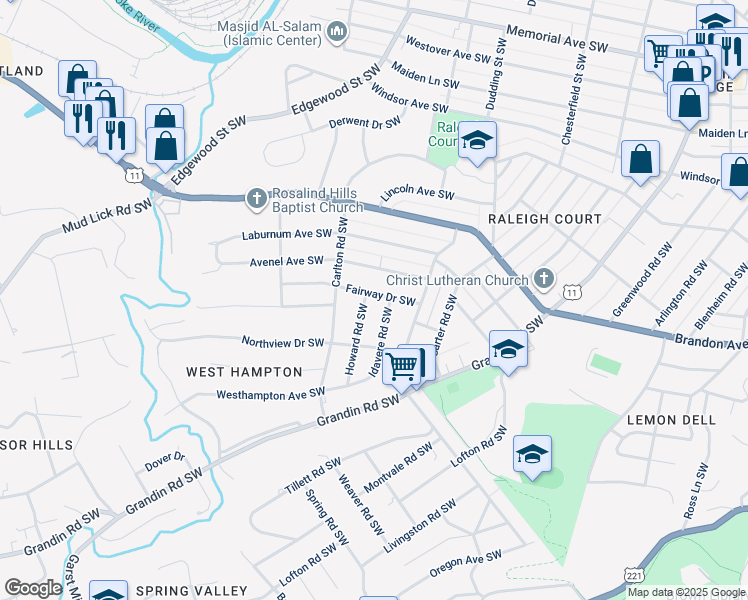map of restaurants, bars, coffee shops, grocery stores, and more near 2414 Fairway Drive Southwest in Roanoke