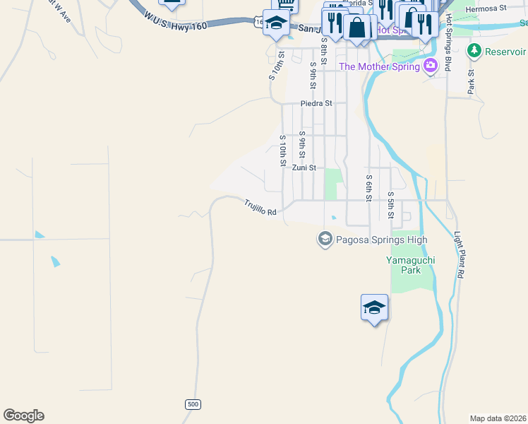 map of restaurants, bars, coffee shops, grocery stores, and more near County Road 500 in Pagosa Springs